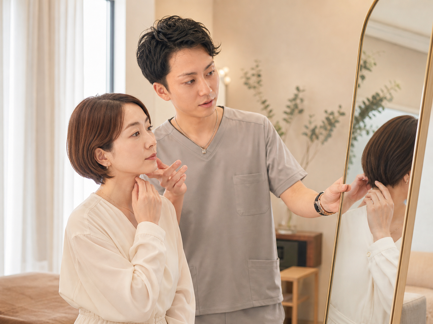 鏡で顔の左右差を確認する女性