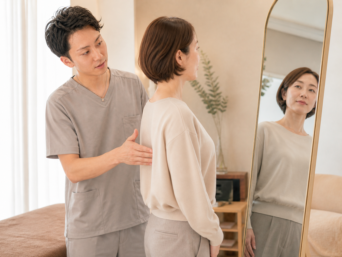 鏡で全身の姿勢を確認する女性